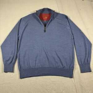 Orvis 100% Merino Wool Quarter Zip Sweater Light Blue Men's Large Leather Pull